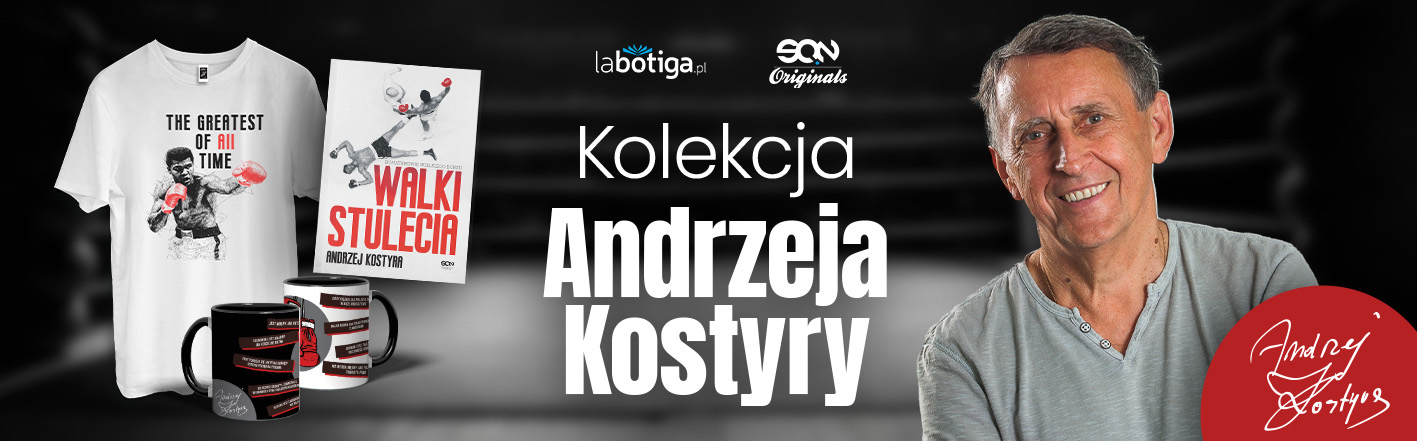 Grafika promująca kolekcję książek i gadżetów księgarni sportowej labotiga i Andrzeja Kostyry o boksie